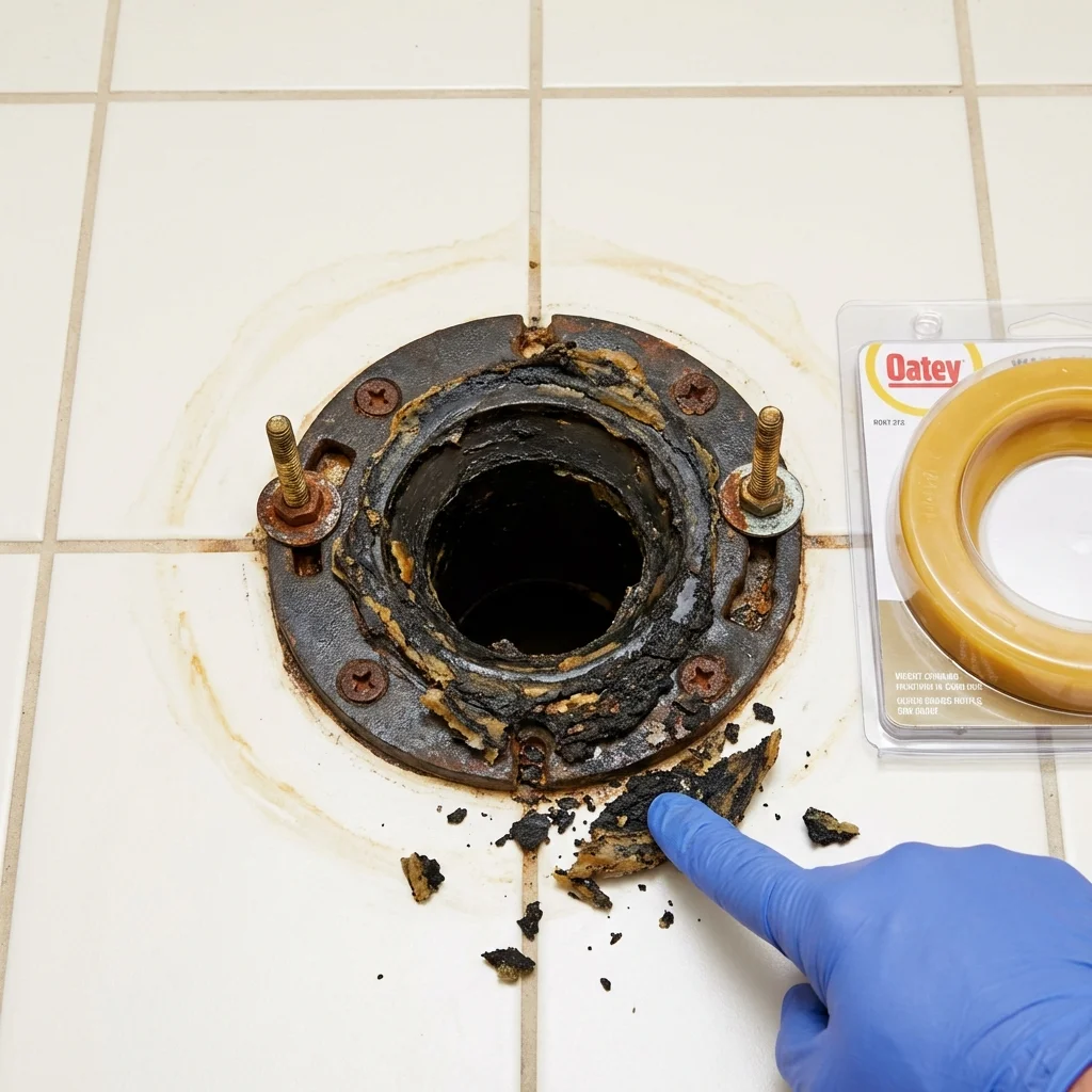 Failed wax ring showing water seepage at the base of a toilet in a Gatesville, NC home