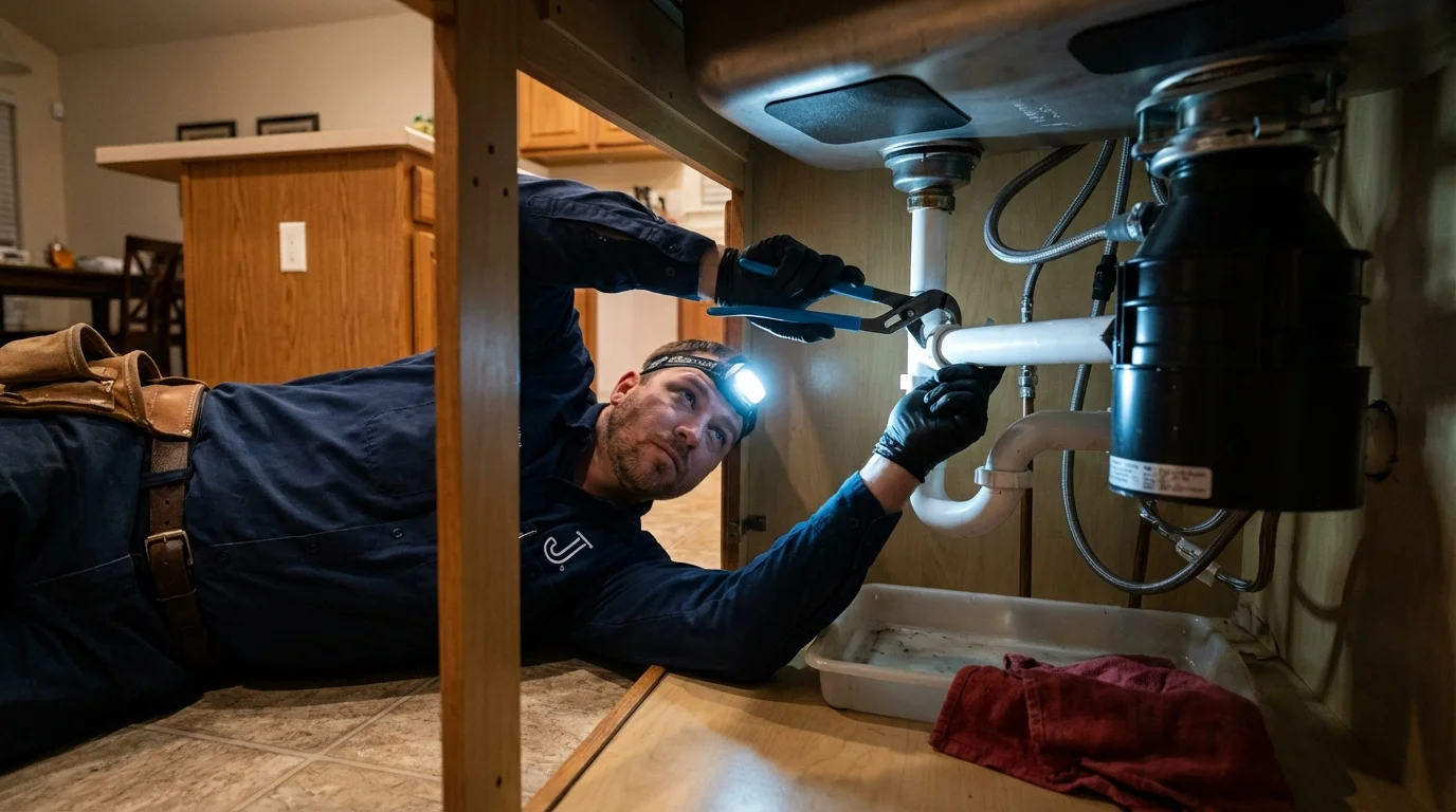 P-trap and supply line connections under a kitchen sink showing a common leak point in Gatesville, NC